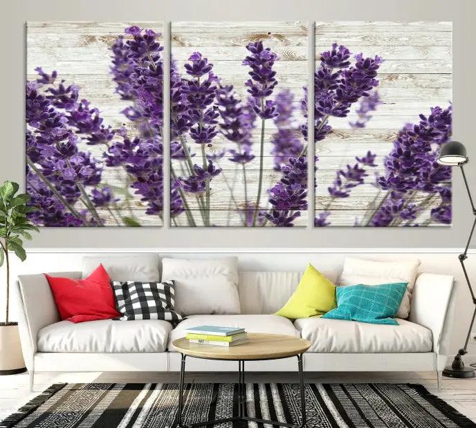 A Lavender Herb Wall Art Canvas Print, consisting of three panels on gallery-wrapped canvas, is displayed prominently.