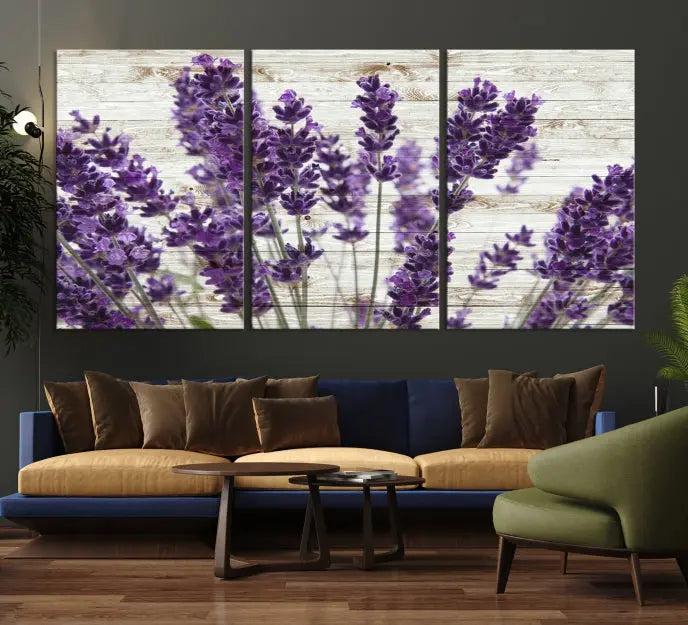 A Lavender Herb Wall Art Canvas Print, consisting of three panels on gallery-wrapped canvas, is displayed prominently.