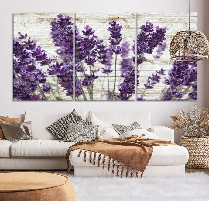 A Lavender Herb Wall Art Canvas Print, consisting of three panels on gallery-wrapped canvas, is displayed prominently.