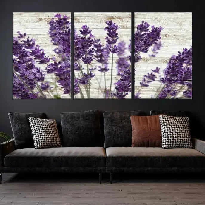 Enhance your living space with the Lavender Canvas Wall Art Flower Print, featuring a triptych of beautiful lavender flowers set against a textured background. This artwork is expertly crafted on museum-quality canvas and finished with a UV-protective coating to ensure lasting elegance. Enjoy complimentary shipping straight to your home.