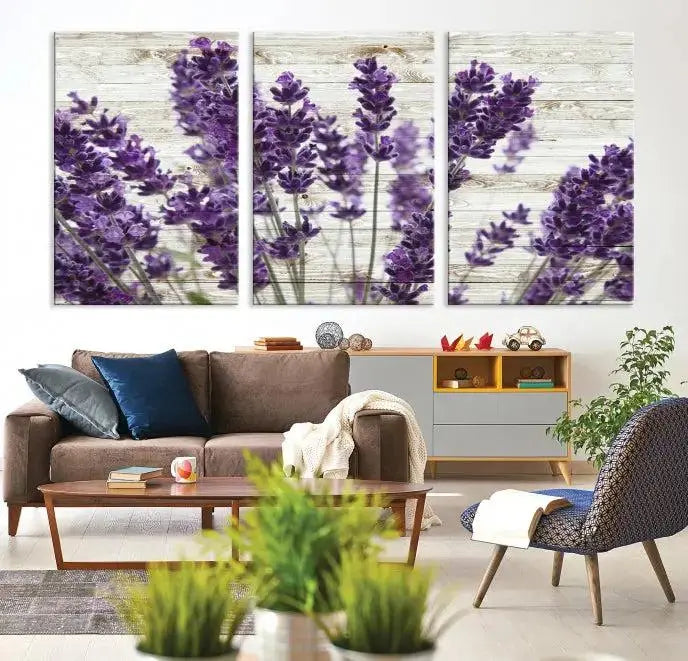 Enhance your living space with the Lavender Canvas Wall Art Flower Print, featuring a triptych of beautiful lavender flowers set against a textured background. This artwork is expertly crafted on museum-quality canvas and finished with a UV-protective coating to ensure lasting elegance. Enjoy complimentary shipping straight to your home.