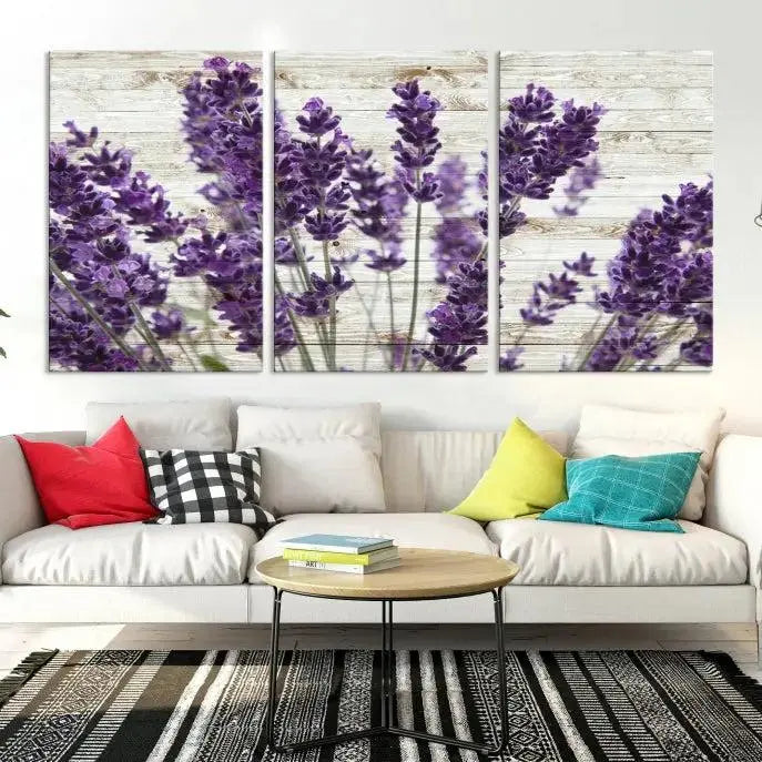 Enhance your living space with the Lavender Canvas Wall Art Flower Print, featuring a triptych of beautiful lavender flowers set against a textured background. This artwork is expertly crafted on museum-quality canvas and finished with a UV-protective coating to ensure lasting elegance. Enjoy complimentary shipping straight to your home.