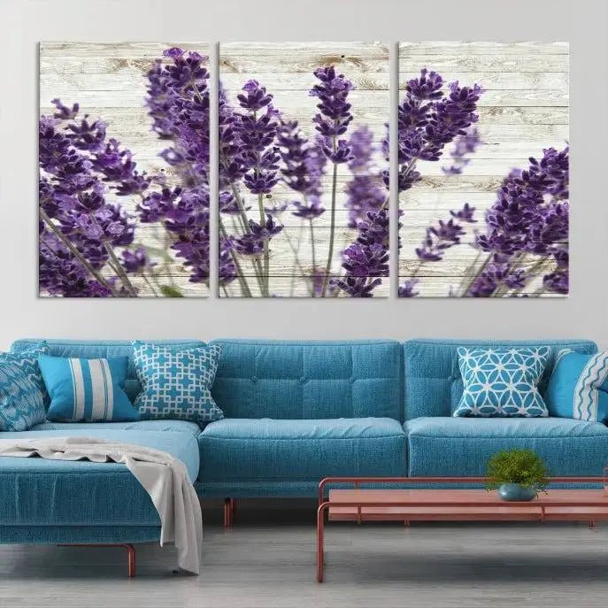 Enhance your living space with the Lavender Canvas Wall Art Flower Print, featuring a triptych of beautiful lavender flowers set against a textured background. This artwork is expertly crafted on museum-quality canvas and finished with a UV-protective coating to ensure lasting elegance. Enjoy complimentary shipping straight to your home.