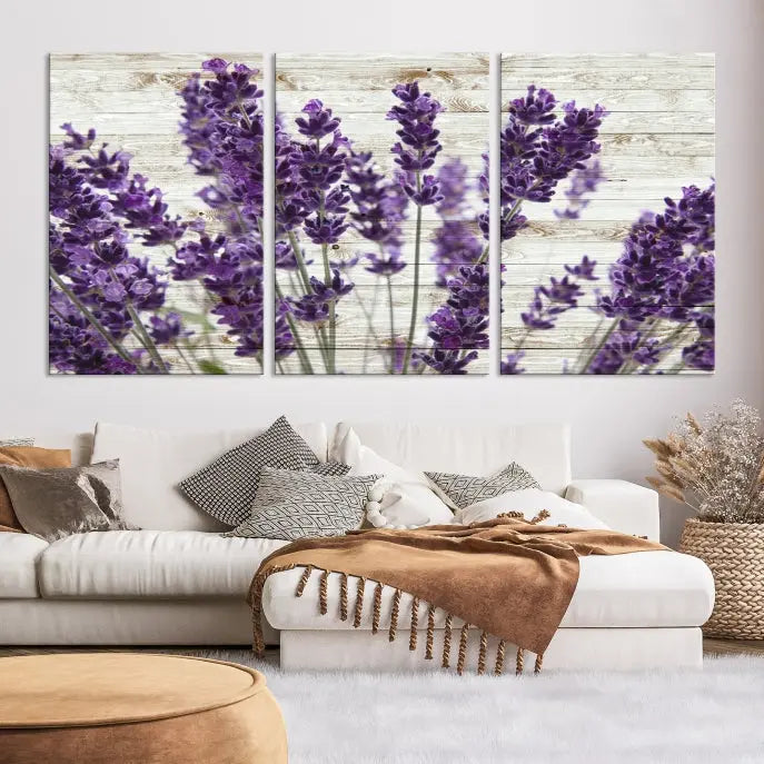 Enhance your living space with the Lavender Canvas Wall Art Flower Print, featuring a triptych of beautiful lavender flowers set against a textured background. This artwork is expertly crafted on museum-quality canvas and finished with a UV-protective coating to ensure lasting elegance. Enjoy complimentary shipping straight to your home.