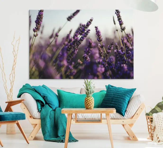 Displayed on the wall is a triptych of the Lavender Wall Art Floral Canvas Print, crafted with museum-quality materials and a UV-protective coating to maintain its vibrant elegance over time.