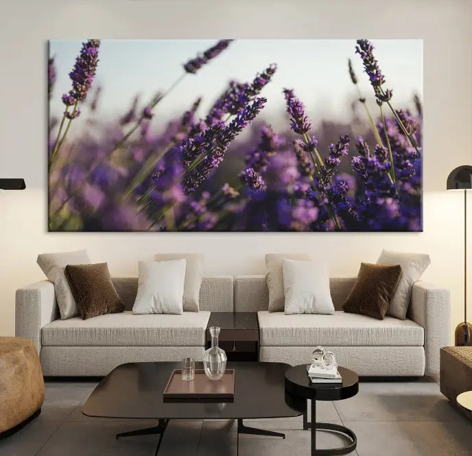 Displayed on the wall is a triptych of the Lavender Wall Art Floral Canvas Print, crafted with museum-quality materials and a UV-protective coating to maintain its vibrant elegance over time.