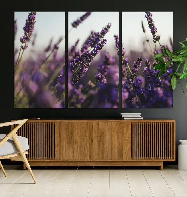 Displayed on the wall is a triptych of the Lavender Wall Art Floral Canvas Print, crafted with museum-quality materials and a UV-protective coating to maintain its vibrant elegance over time.