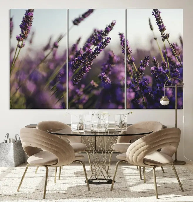 Displayed on the wall is a triptych of the Lavender Wall Art Floral Canvas Print, crafted with museum-quality materials and a UV-protective coating to maintain its vibrant elegance over time.