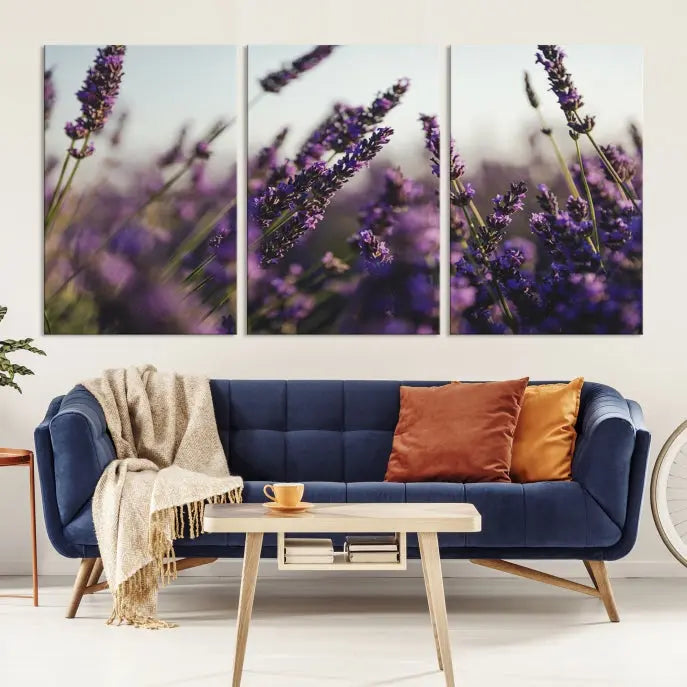 Displayed on the wall is a triptych of the Lavender Wall Art Floral Canvas Print, crafted with museum-quality materials and a UV-protective coating to maintain its vibrant elegance over time.