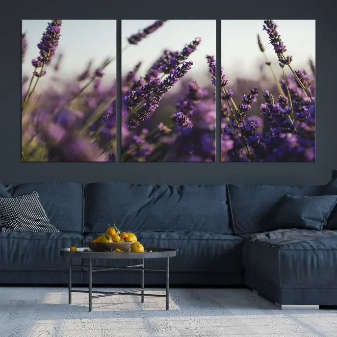 Displayed on the wall is a triptych of the Lavender Wall Art Floral Canvas Print, crafted with museum-quality materials and a UV-protective coating to maintain its vibrant elegance over time.