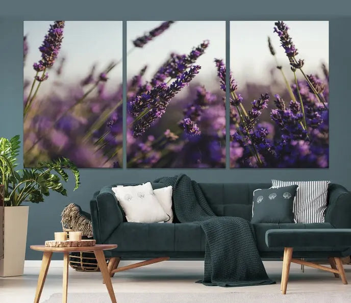 Displayed on the wall is a triptych of the Lavender Wall Art Floral Canvas Print, crafted with museum-quality materials and a UV-protective coating to maintain its vibrant elegance over time.