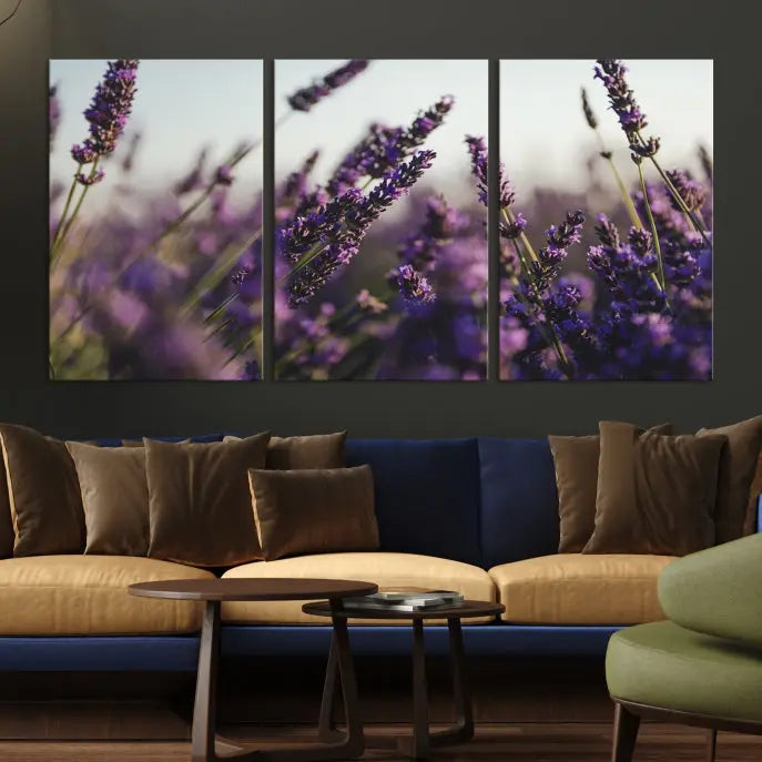 Displayed on the wall is a triptych of the Lavender Wall Art Floral Canvas Print, crafted with museum-quality materials and a UV-protective coating to maintain its vibrant elegance over time.