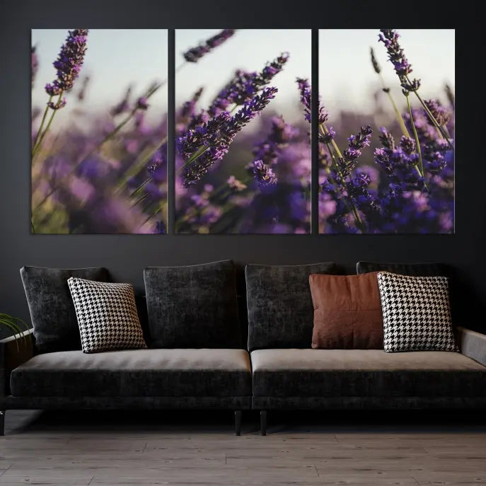 Displayed on the wall is a triptych of the Lavender Wall Art Floral Canvas Print, crafted with museum-quality materials and a UV-protective coating to maintain its vibrant elegance over time.