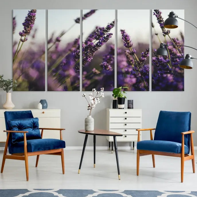 Displayed on the wall is a triptych of the Lavender Wall Art Floral Canvas Print, crafted with museum-quality materials and a UV-protective coating to maintain its vibrant elegance over time.