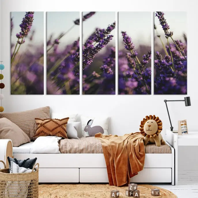 Displayed on the wall is a triptych of the Lavender Wall Art Floral Canvas Print, crafted with museum-quality materials and a UV-protective coating to maintain its vibrant elegance over time.