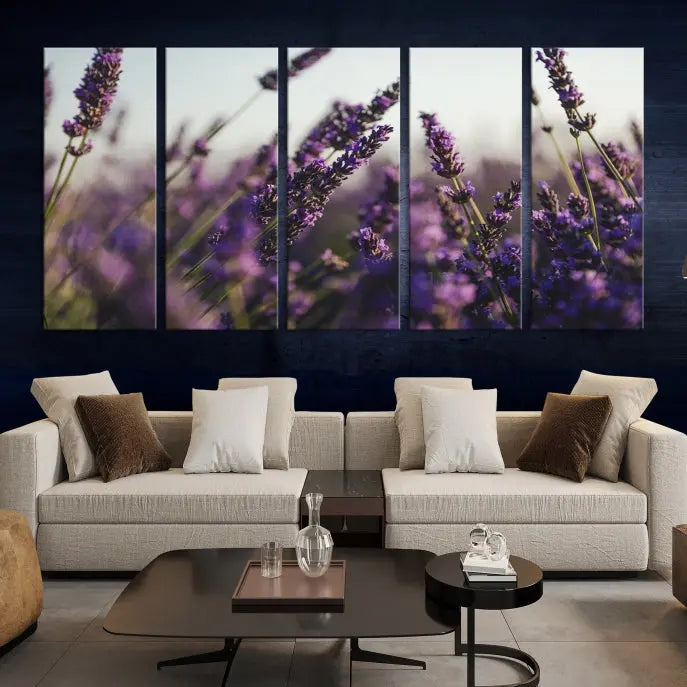 Displayed on the wall is a triptych of the Lavender Wall Art Floral Canvas Print, crafted with museum-quality materials and a UV-protective coating to maintain its vibrant elegance over time.