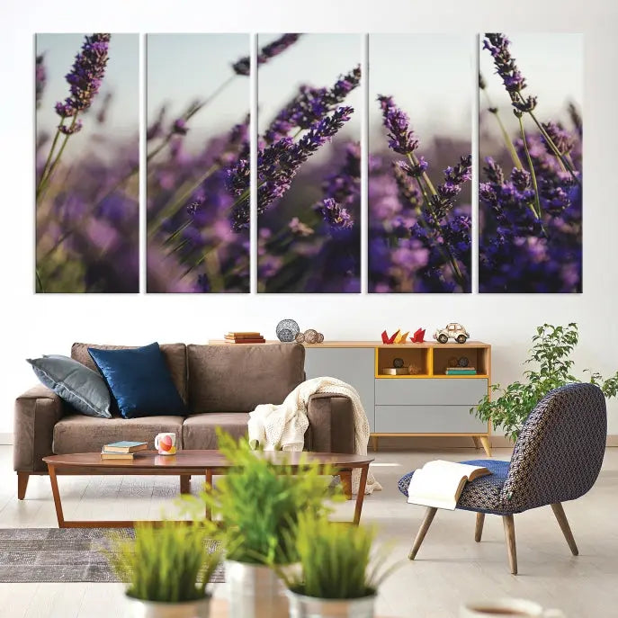 Displayed on the wall is a triptych of the Lavender Wall Art Floral Canvas Print, crafted with museum-quality materials and a UV-protective coating to maintain its vibrant elegance over time.