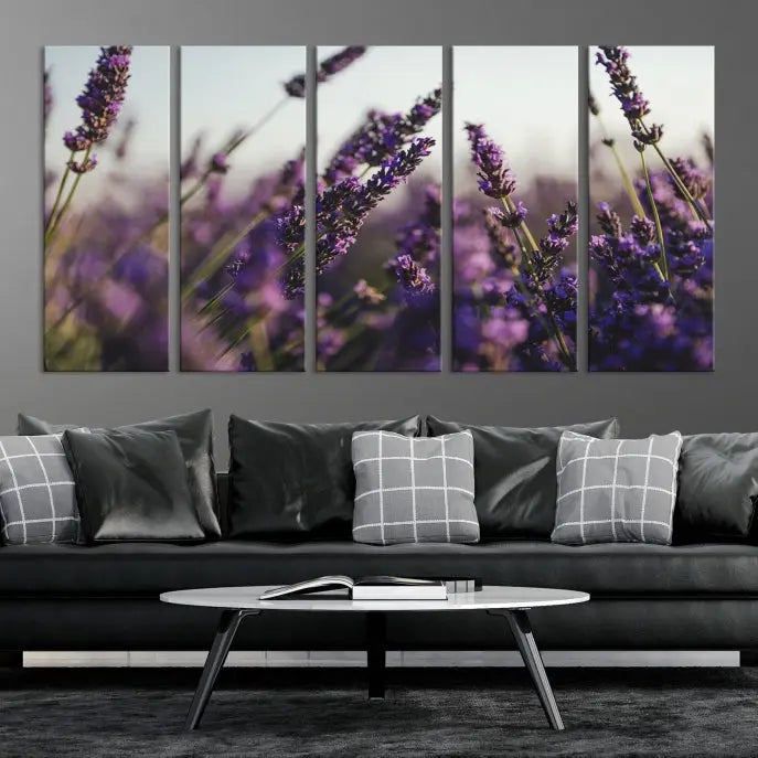 Displayed on the wall is a triptych of the Lavender Wall Art Floral Canvas Print, crafted with museum-quality materials and a UV-protective coating to maintain its vibrant elegance over time.