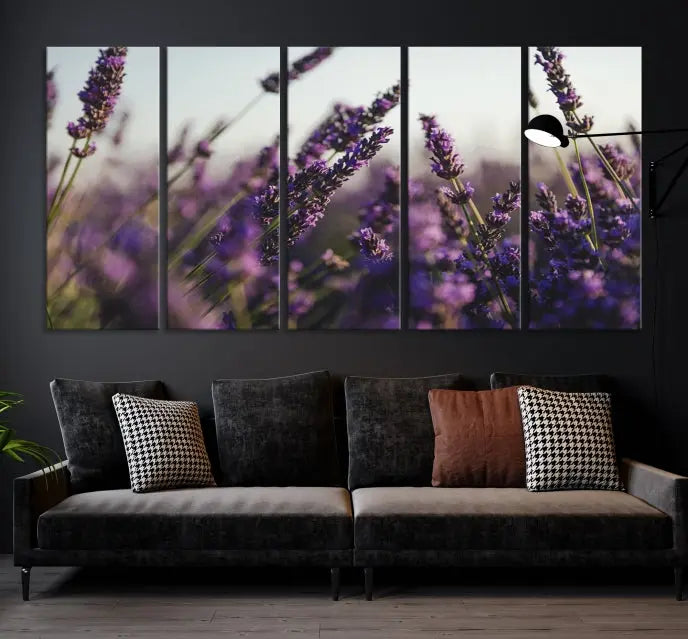 Displayed on the wall is a triptych of the Lavender Wall Art Floral Canvas Print, crafted with museum-quality materials and a UV-protective coating to maintain its vibrant elegance over time.