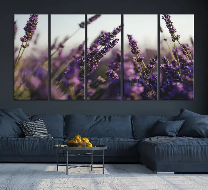 Displayed on the wall is a triptych of the Lavender Wall Art Floral Canvas Print, crafted with museum-quality materials and a UV-protective coating to maintain its vibrant elegance over time.