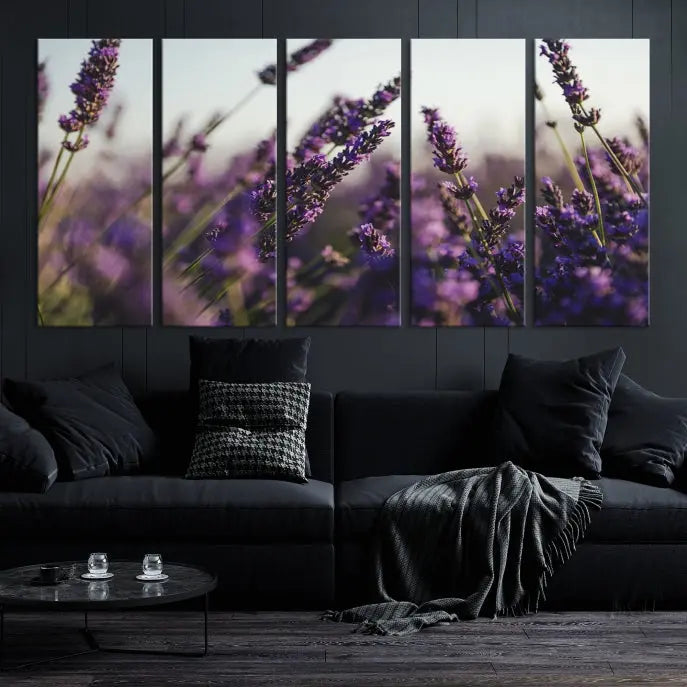 Displayed on the wall is a triptych of the Lavender Wall Art Floral Canvas Print, crafted with museum-quality materials and a UV-protective coating to maintain its vibrant elegance over time.