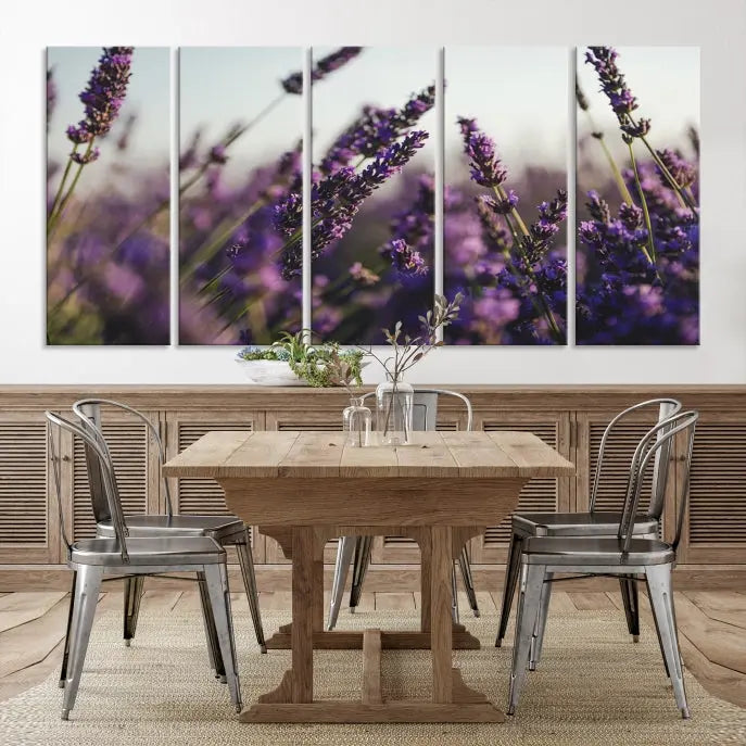 Displayed on the wall is a triptych of the Lavender Wall Art Floral Canvas Print, crafted with museum-quality materials and a UV-protective coating to maintain its vibrant elegance over time.