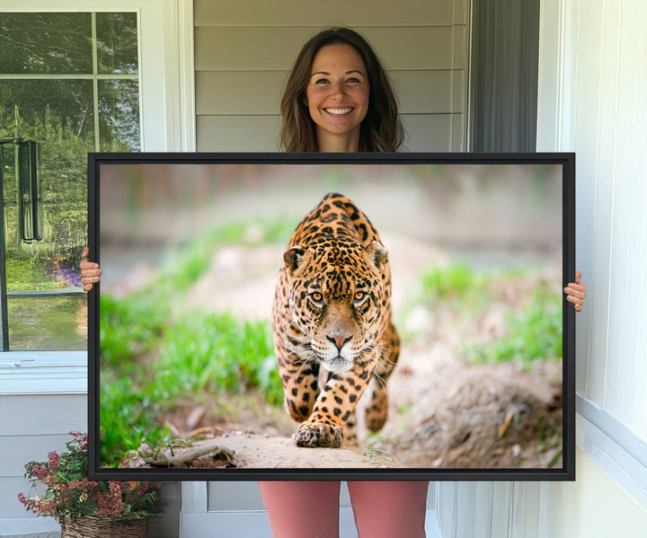 75066-MGV-CV-36X24-Leopard on the Prowl - Stunning Large Framed Leopard Wall Art Canvas Wall Art for Living Room, Bedroom, or Office Décor, Vibrant Wildlife