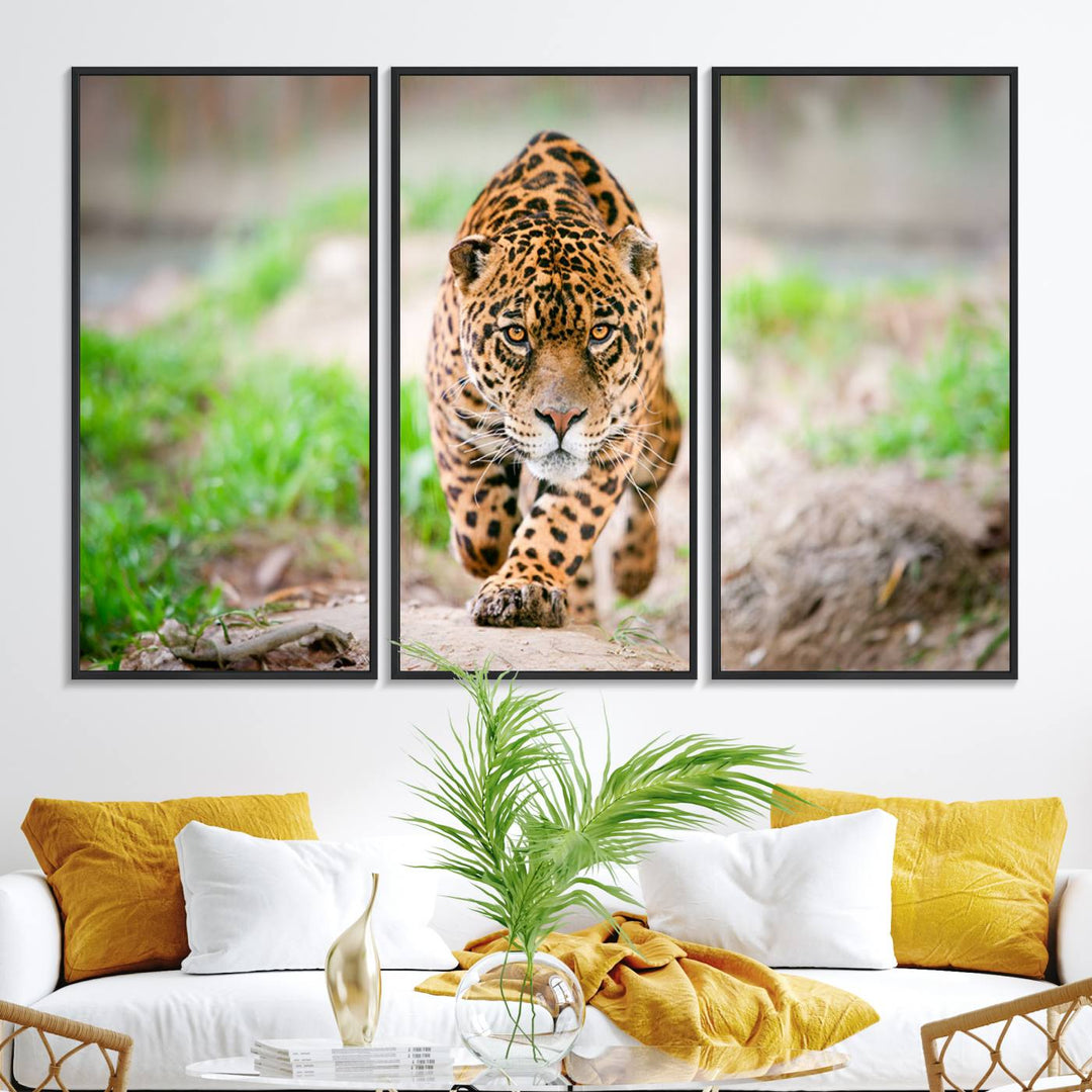 75066-MGV-FC-48X32-3P_Black-Leopard on the Prowl - Stunning Large Framed Leopard Wall Art Canvas Wall Art for Living Room, Bedroom, or Office Décor, Vibrant Wildlife