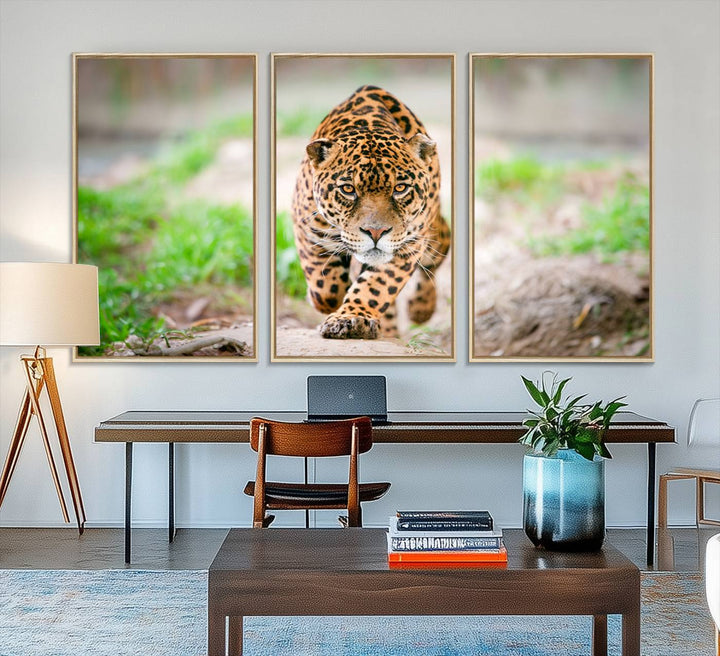 75066-MGV-FC-48X32-3P_Natural-Leopard on the Prowl - Stunning Large Framed Leopard Wall Art Canvas Wall Art for Living Room, Bedroom, or Office Décor, Vibrant Wildlife