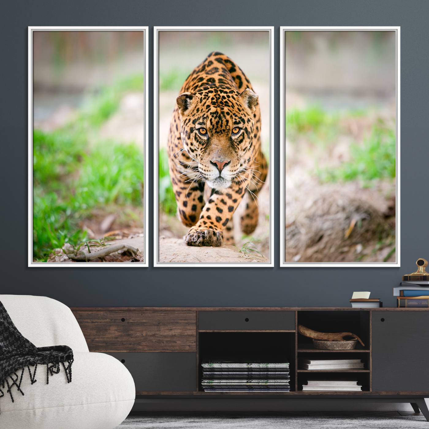 75066-MGV-FC-48X32-3P_White-Leopard on the Prowl - Stunning Large Framed Leopard Wall Art Canvas Wall Art for Living Room, Bedroom, or Office Décor, Vibrant Wildlife