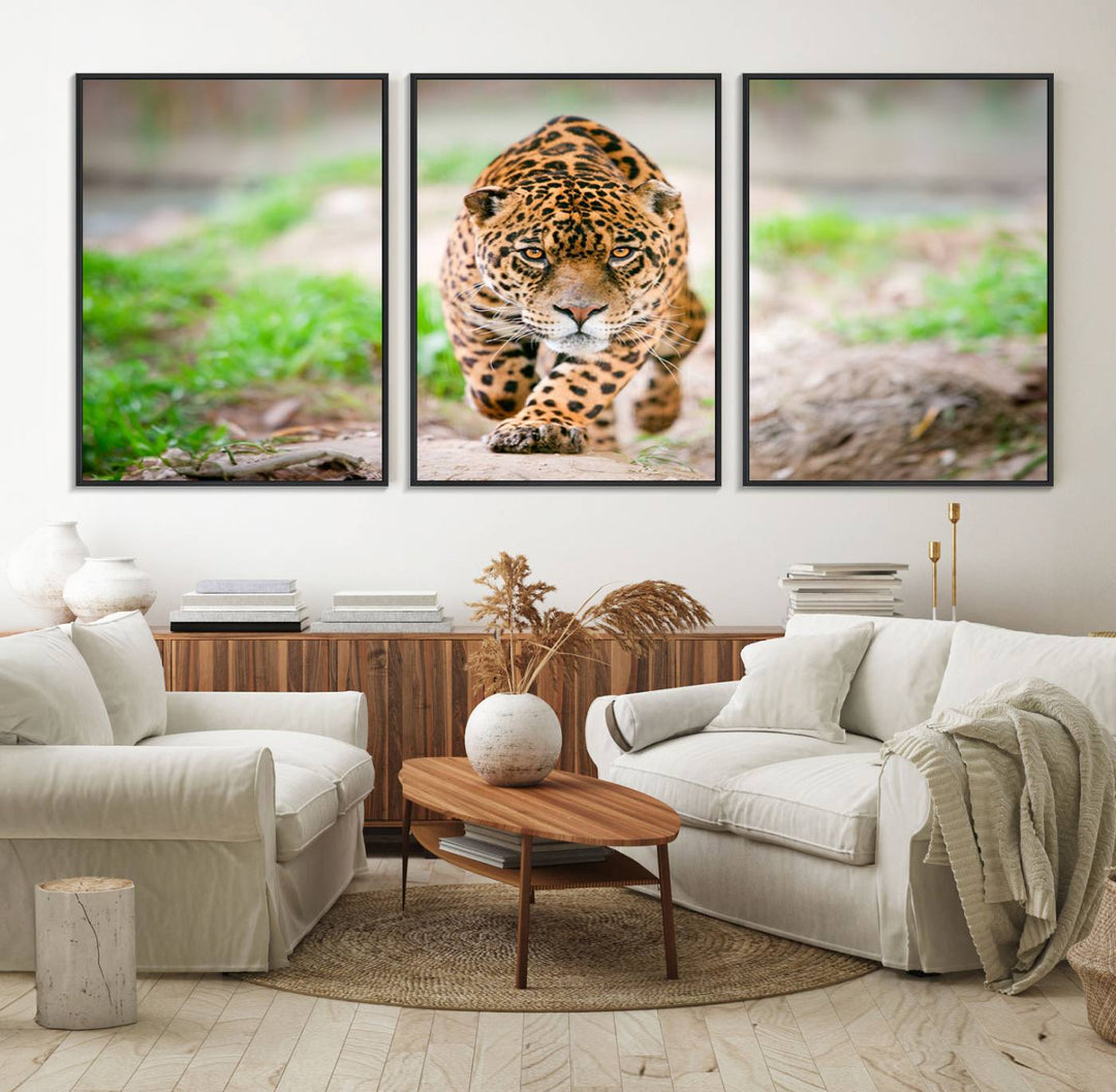 75066-MGV-FC-60X30-3P_Black-Leopard on the Prowl - Stunning Large Framed Leopard Wall Art Canvas Wall Art for Living Room, Bedroom, or Office Décor, Vibrant Wildlife