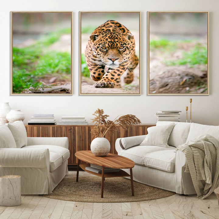 75066-MGV-FC-60X30-3P_Natural-Leopard on the Prowl - Stunning Large Framed Leopard Wall Art Canvas Wall Art for Living Room, Bedroom, or Office Décor, Vibrant Wildlife