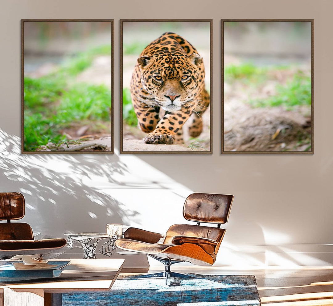 75066-MGV-FC-60X30-3P_Walnut-Leopard on the Prowl - Stunning Large Framed Leopard Wall Art Canvas Wall Art for Living Room, Bedroom, or Office Décor, Vibrant Wildlife