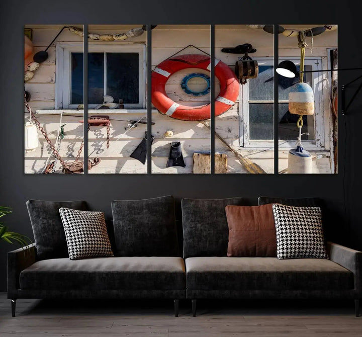 The living room features the Lifebuoy Wall Art Nautical Canvas Print, a museum-quality piece that showcases a lifebuoy alongside fishing gear. The artwork is ready to hang and includes a UV-protective coating to ensure lasting vibrancy.