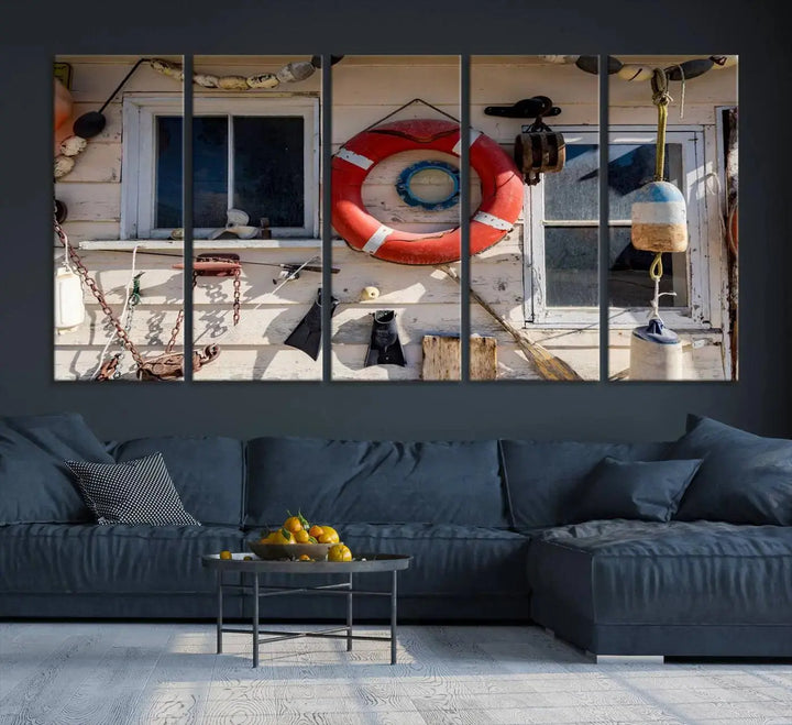 The living room features the Lifebuoy Wall Art Nautical Canvas Print, a museum-quality piece that showcases a lifebuoy alongside fishing gear. The artwork is ready to hang and includes a UV-protective coating to ensure lasting vibrancy.