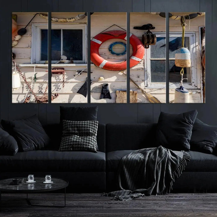 The living room features the Lifebuoy Wall Art Nautical Canvas Print, a museum-quality piece that showcases a lifebuoy alongside fishing gear. The artwork is ready to hang and includes a UV-protective coating to ensure lasting vibrancy.