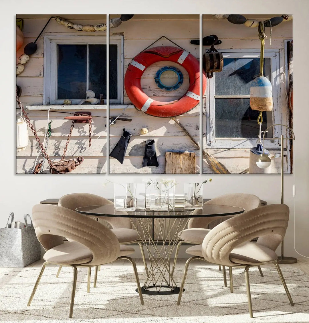 The living room features the Lifebuoy Wall Art Nautical Canvas Print, a museum-quality piece that showcases a lifebuoy alongside fishing gear. The artwork is ready to hang and includes a UV-protective coating to ensure lasting vibrancy.