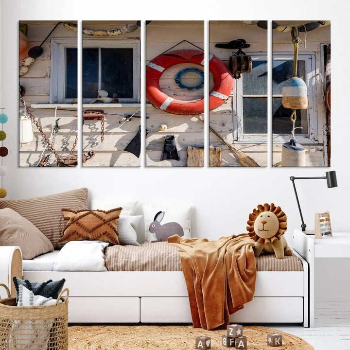 The living room features the Lifebuoy Wall Art Nautical Canvas Print, a museum-quality piece that showcases a lifebuoy alongside fishing gear. The artwork is ready to hang and includes a UV-protective coating to ensure lasting vibrancy.