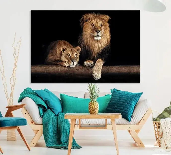 The Lion Canvas Wall Art Animal Print, a striking triptych of a lion and a lioness on museum-quality canvases, adds elegance to the space. This gallery-wrapped piece is protected by a UV coating to keep its vibrant artwork brilliant for years.