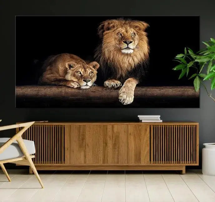 The Lion Canvas Wall Art Animal Print, a striking triptych of a lion and a lioness on museum-quality canvases, adds elegance to the space. This gallery-wrapped piece is protected by a UV coating to keep its vibrant artwork brilliant for years.