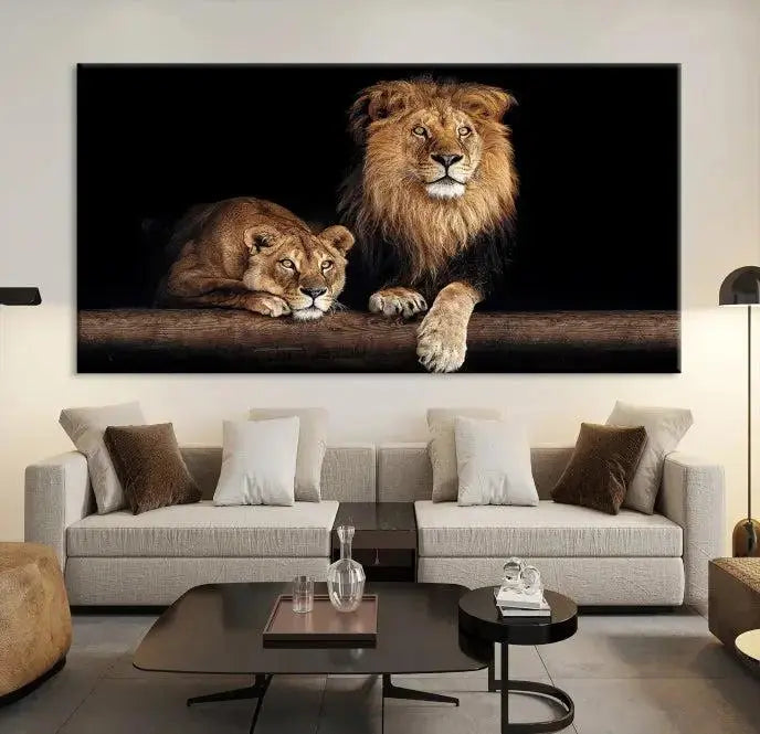 The Lion Canvas Wall Art Animal Print, a striking triptych of a lion and a lioness on museum-quality canvases, adds elegance to the space. This gallery-wrapped piece is protected by a UV coating to keep its vibrant artwork brilliant for years.