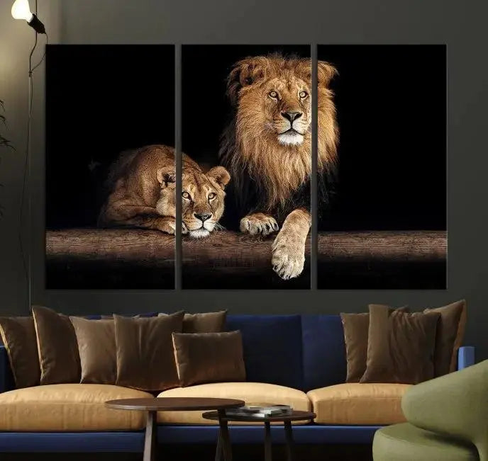 The Lion Canvas Wall Art Animal Print, a striking triptych of a lion and a lioness on museum-quality canvases, adds elegance to the space. This gallery-wrapped piece is protected by a UV coating to keep its vibrant artwork brilliant for years.