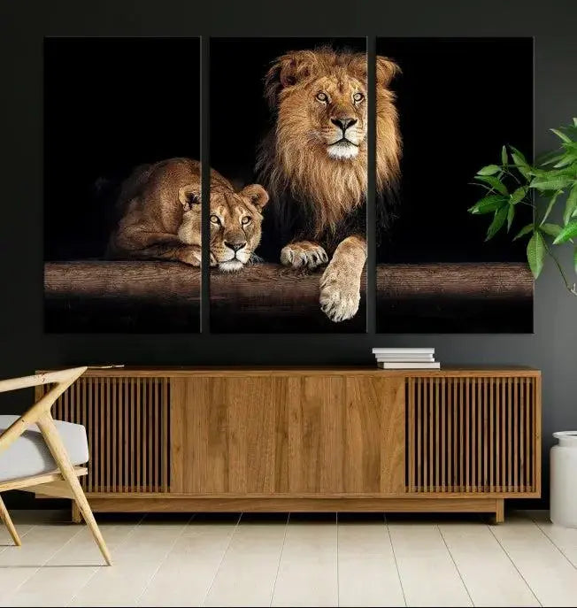 The Lion Canvas Wall Art Animal Print, a striking triptych of a lion and a lioness on museum-quality canvases, adds elegance to the space. This gallery-wrapped piece is protected by a UV coating to keep its vibrant artwork brilliant for years.