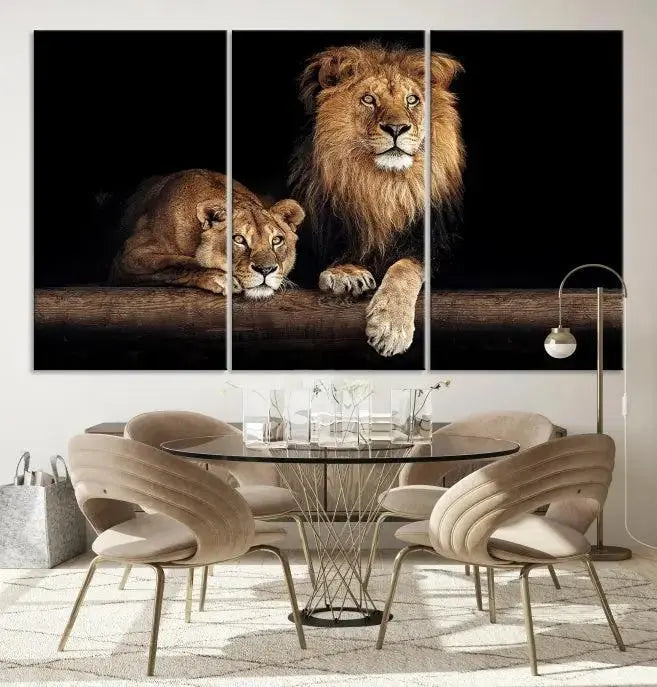 The Lion Canvas Wall Art Animal Print, a striking triptych of a lion and a lioness on museum-quality canvases, adds elegance to the space. This gallery-wrapped piece is protected by a UV coating to keep its vibrant artwork brilliant for years.