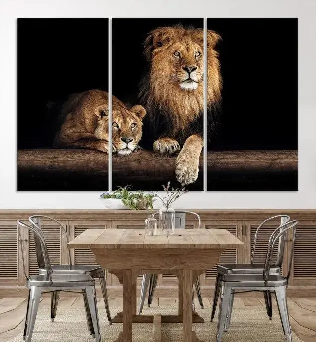 The Lion Canvas Wall Art Animal Print, a striking triptych of a lion and a lioness on museum-quality canvases, adds elegance to the space. This gallery-wrapped piece is protected by a UV coating to keep its vibrant artwork brilliant for years.