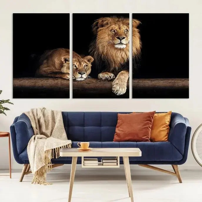 The Lion Canvas Wall Art Animal Print, a striking triptych of a lion and a lioness on museum-quality canvases, adds elegance to the space. This gallery-wrapped piece is protected by a UV coating to keep its vibrant artwork brilliant for years.