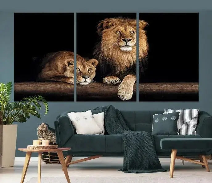 The Lion Canvas Wall Art Animal Print, a striking triptych of a lion and a lioness on museum-quality canvases, adds elegance to the space. This gallery-wrapped piece is protected by a UV coating to keep its vibrant artwork brilliant for years.