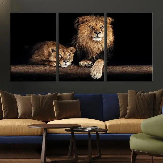 The Lion Canvas Wall Art Animal Print, a striking triptych of a lion and a lioness on museum-quality canvases, adds elegance to the space. This gallery-wrapped piece is protected by a UV coating to keep its vibrant artwork brilliant for years.