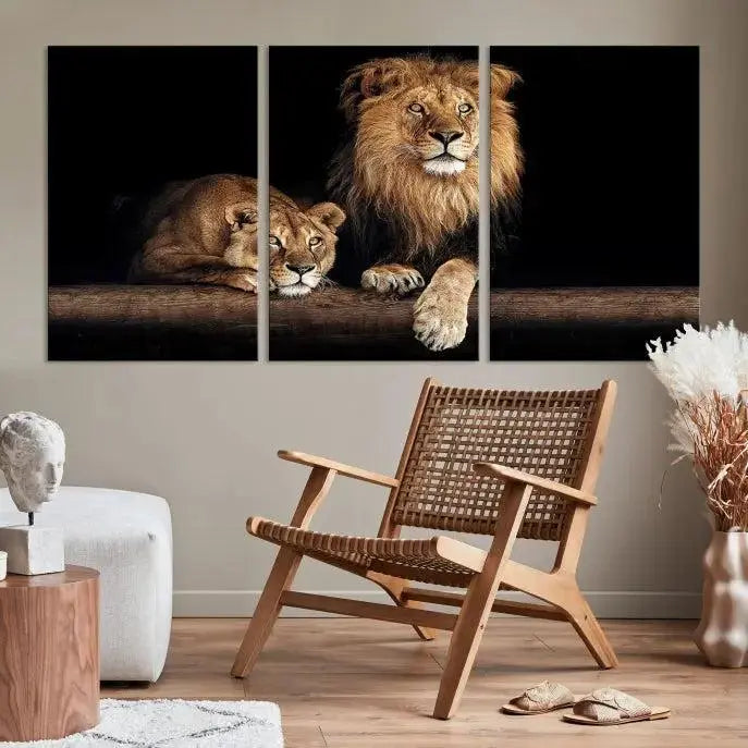 The Lion Canvas Wall Art Animal Print, a striking triptych of a lion and a lioness on museum-quality canvases, adds elegance to the space. This gallery-wrapped piece is protected by a UV coating to keep its vibrant artwork brilliant for years.