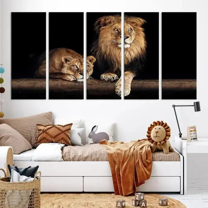 The Lion Canvas Wall Art Animal Print, a striking triptych of a lion and a lioness on museum-quality canvases, adds elegance to the space. This gallery-wrapped piece is protected by a UV coating to keep its vibrant artwork brilliant for years.